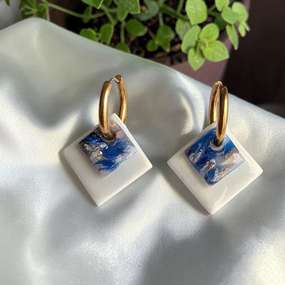 Double carré Blanc nacré + marbré Bleu Cobalt