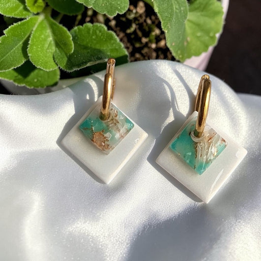 Double carré Blanc nacré + marbré Turquoise