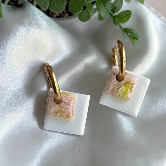 Double carré Blanc nacré + marbré Vert Rose
